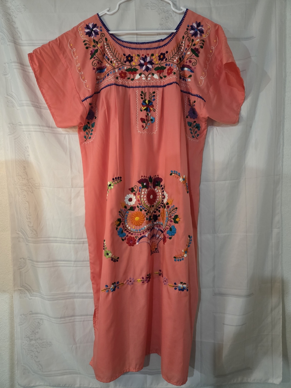 Hand-Embroidered Coral Mexican Dress